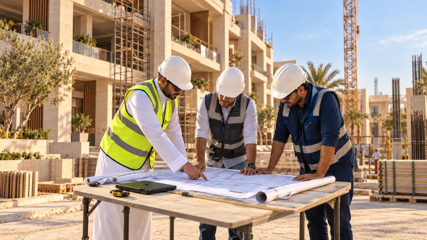 مهندسون يراجعون المخططات في موقع إنشاء